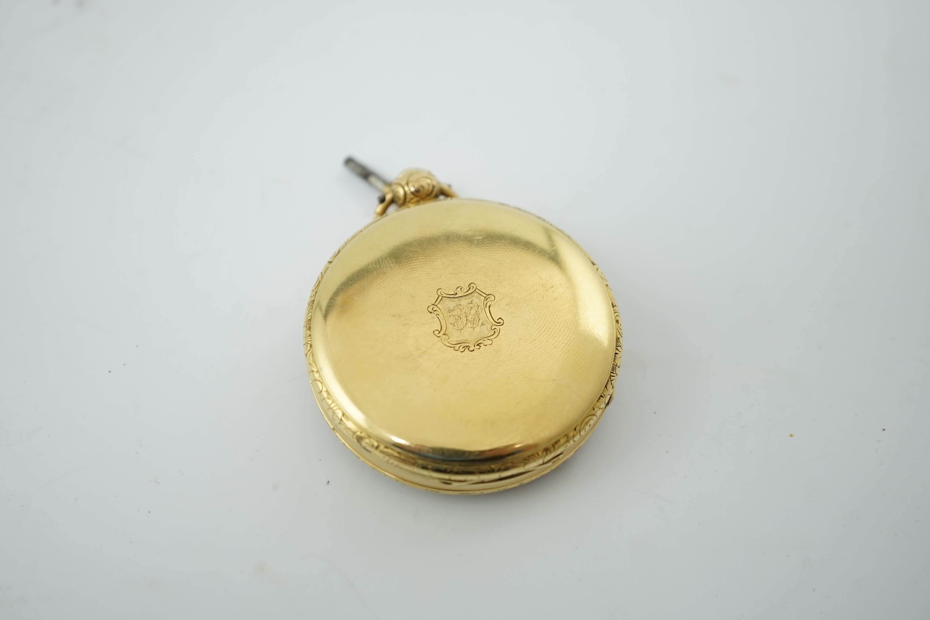 An early Victorian engine turned 18ct gold open face key wind pocket watch, by William Gilbert, Belfast